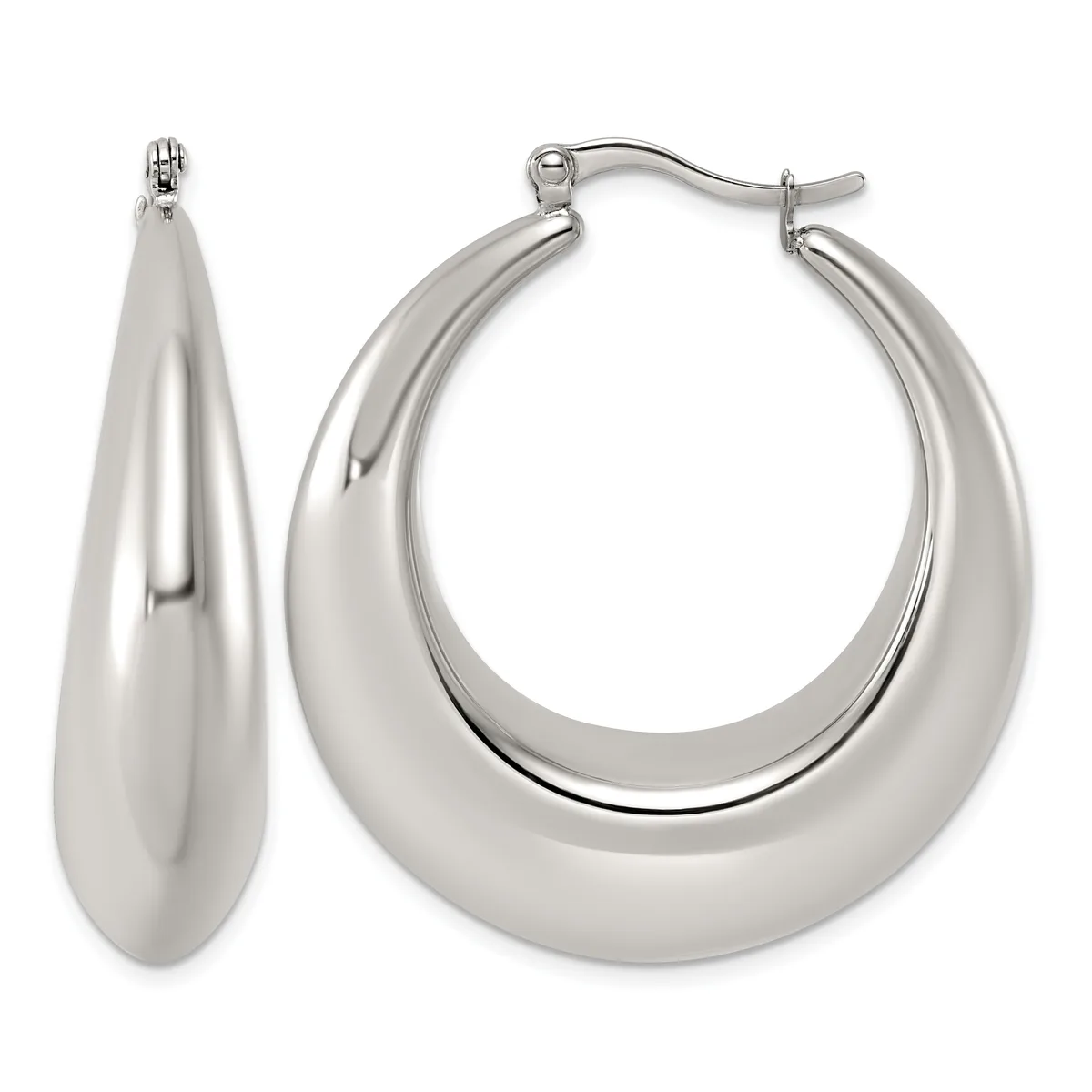 A pair of polished silver-toned chunky hoop earrings with a curved teardrop shape, shown from front and side views with hinged closures.