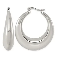 A pair of polished silver-toned chunky hoop earrings with a curved teardrop shape, shown from front and side views with hinged closures.