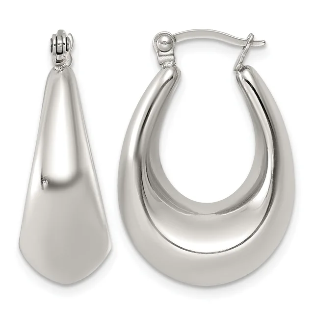 Pair of polished silver teardrop hoop earrings with hinged posts, shown from front and side angles.
