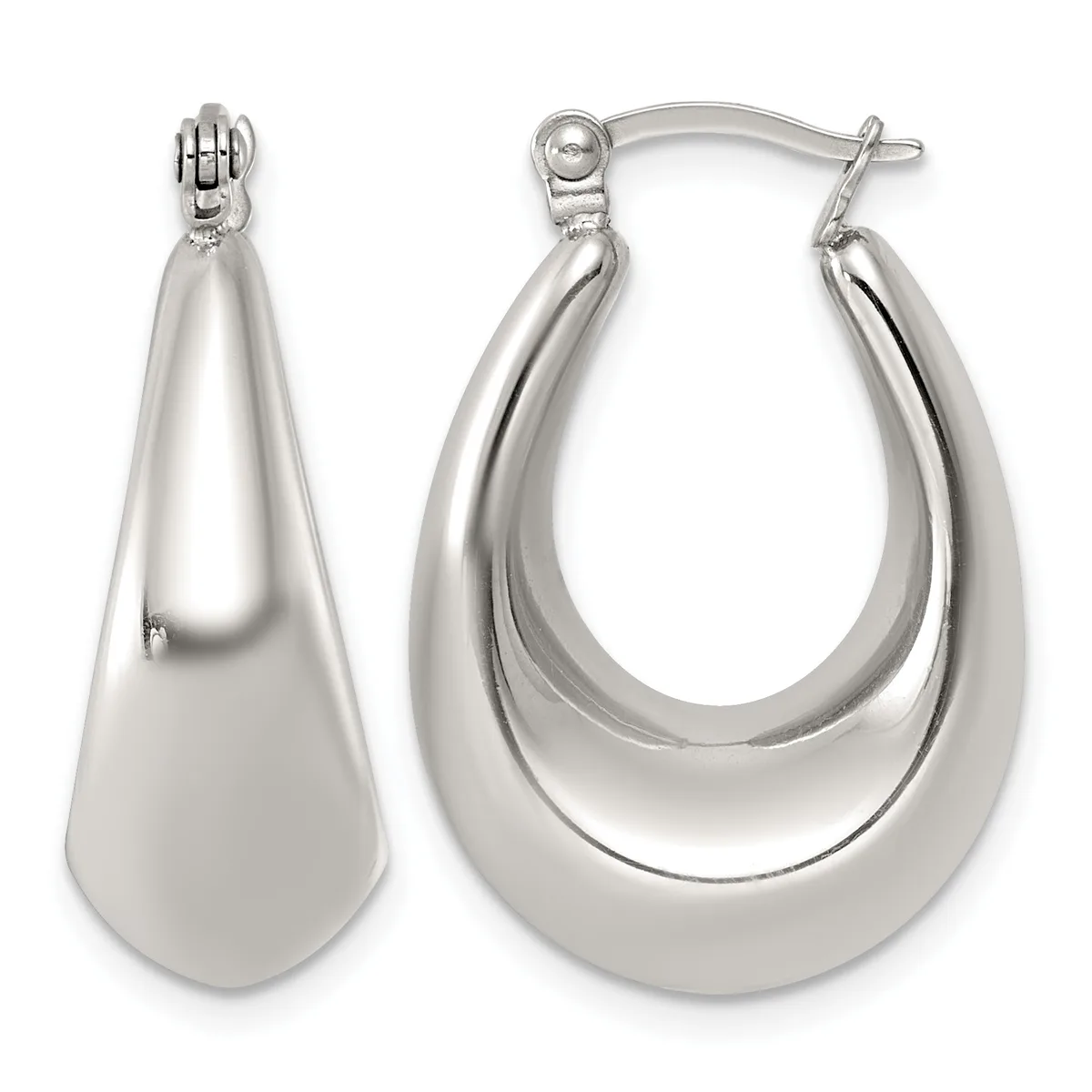 Pair of polished silver teardrop hoop earrings with hinged posts, shown from front and side angles.