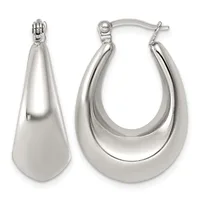 Pair of polished silver teardrop hoop earrings with hinged posts, shown from front and side angles.