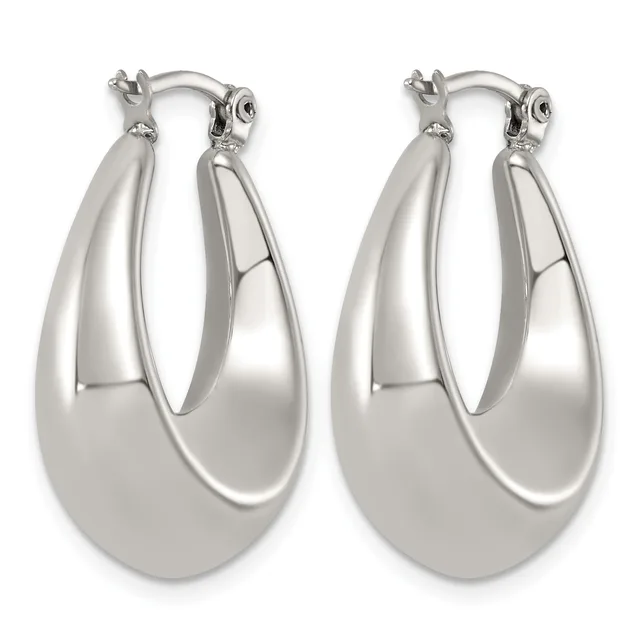 A pair of polished silver teardrop hoop earrings with hinged closures, shown side by side against a white background.