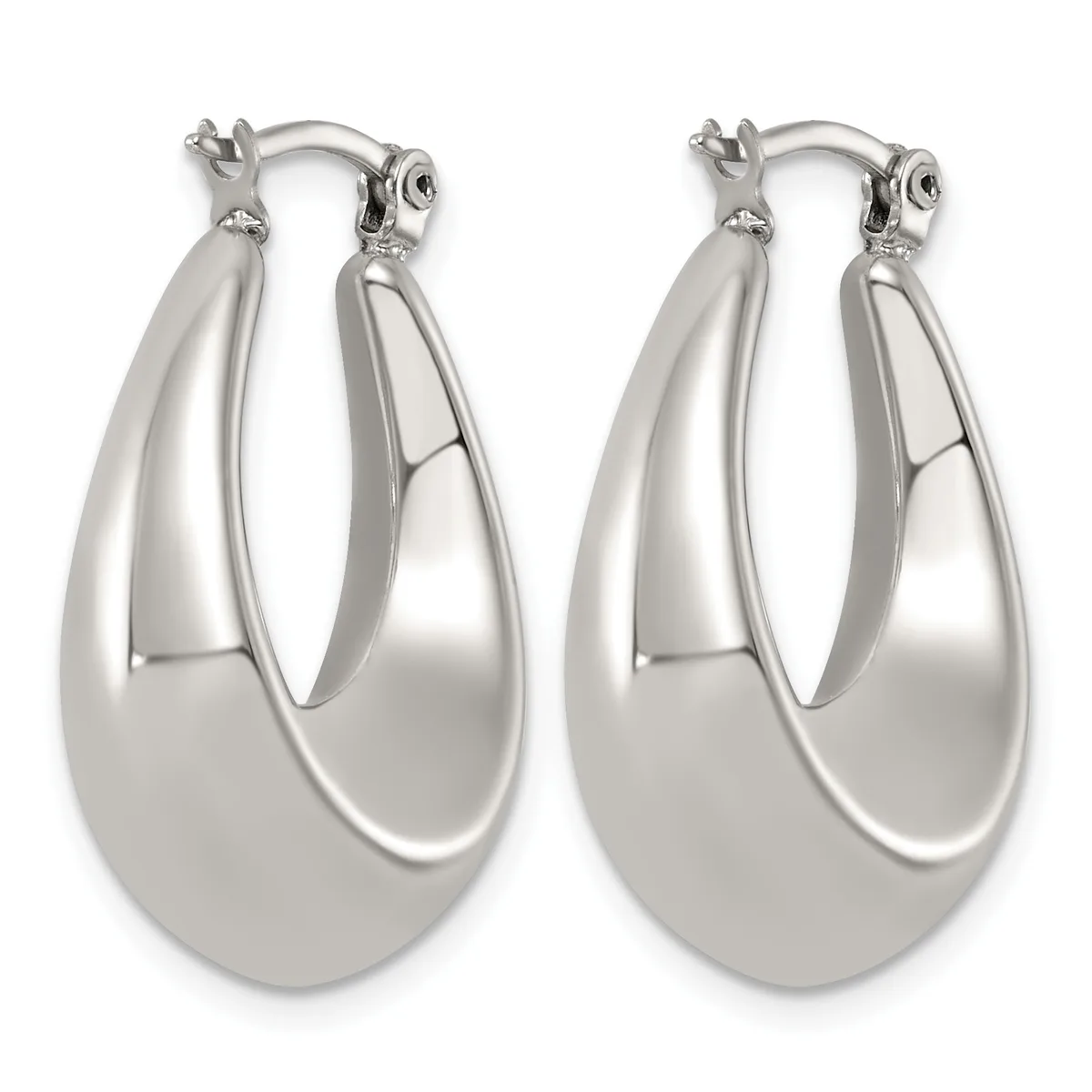 A pair of polished silver teardrop hoop earrings with hinged closures, shown side by side against a white background.