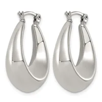 A pair of polished silver teardrop hoop earrings with hinged closures, shown side by side against a white background.