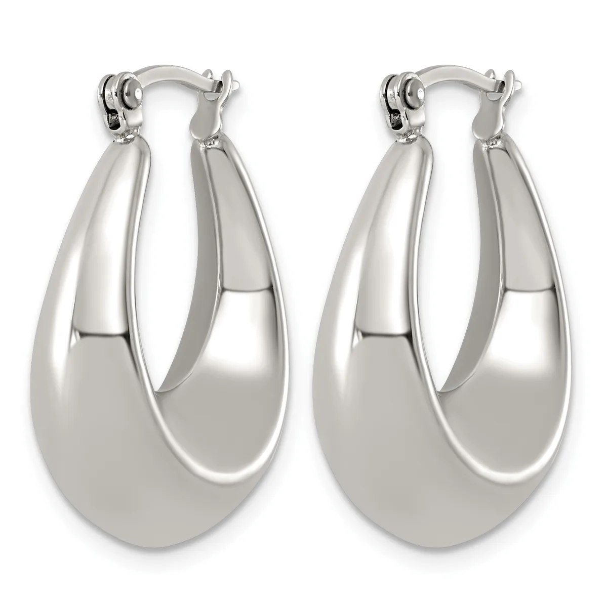 A pair of polished silver-toned chunky oval hoop earrings with a smooth, high-shine finish displayed against a white background.