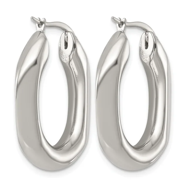 A pair of polished silver oval hoop earrings with a smooth, curved surface and hinged closures, shown from the front.