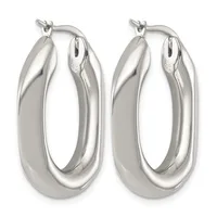 A pair of polished silver oval hoop earrings with a smooth, curved surface and hinged closures, shown from the front.