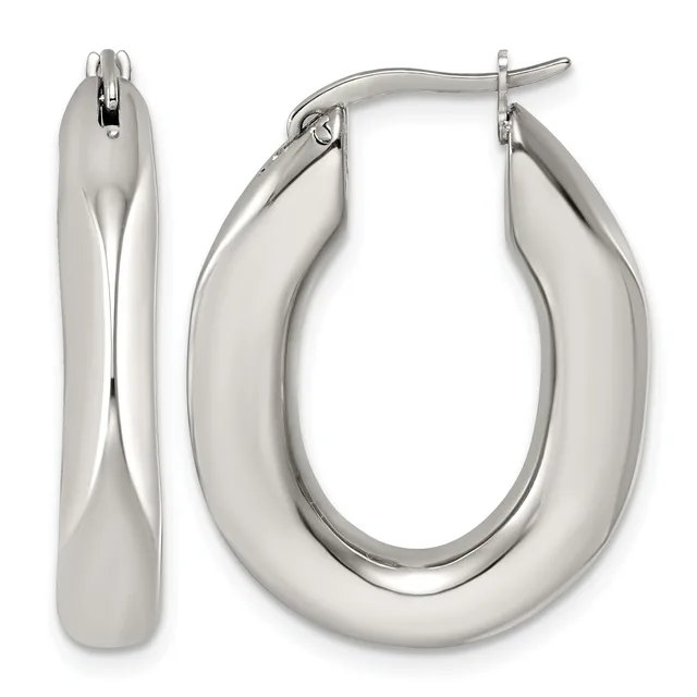 A pair of polished silver-toned chunky oval hoop earrings shown from front and side views with hinged closures.
