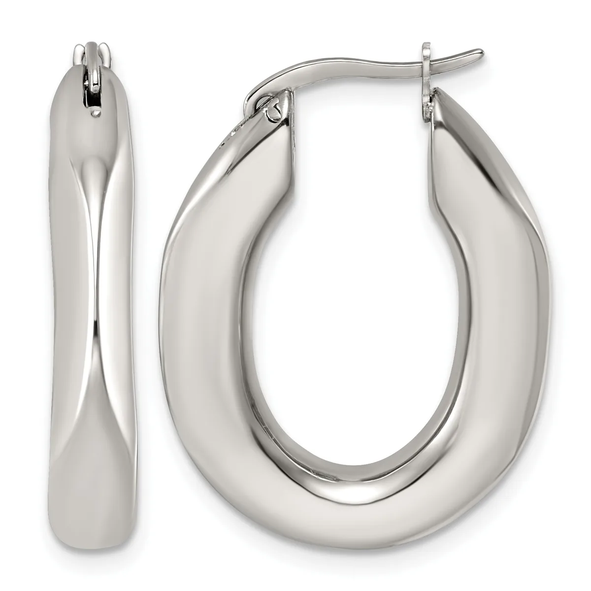 A pair of polished silver-toned chunky oval hoop earrings shown from front and side views with hinged closures.