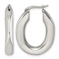 A pair of polished silver-toned chunky oval hoop earrings shown from front and side views with hinged closures.