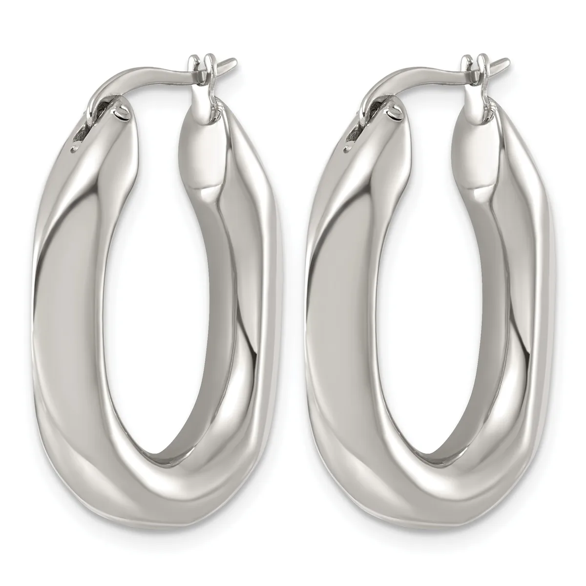 Pair of polished silver-toned chunky oval hoop earrings with hinged posts, shown from the front against a white background.
