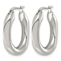 Pair of polished silver-toned chunky oval hoop earrings with hinged posts, shown from the front against a white background.