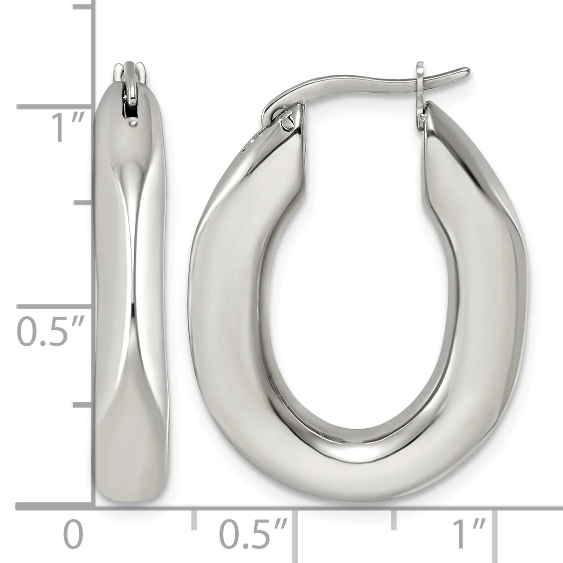 Polished silver-toned chunky oval hoop earrings shown with a measurement scale indicating approximately one inch in length and half inch in width.