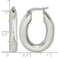 Polished silver-toned chunky oval hoop earrings shown with a measurement scale indicating approximately one inch in length and half inch in width.