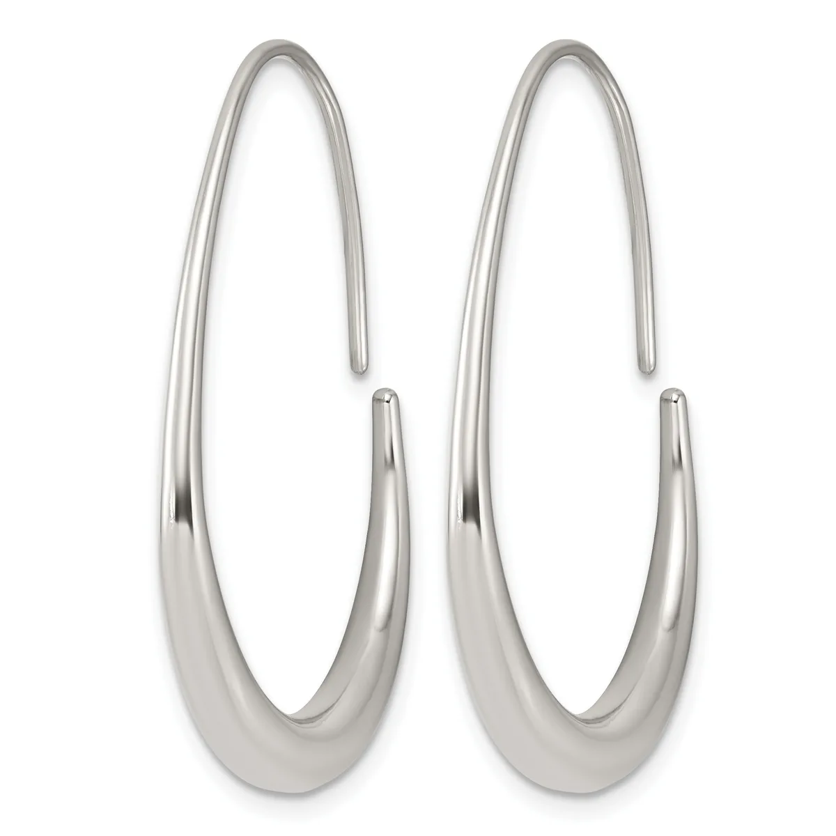 A pair of polished silver elongated oval hoop earrings with a tapered design, shown against a white background.