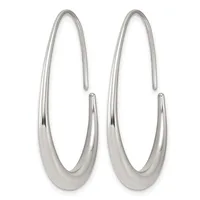 A pair of polished silver elongated oval hoop earrings with a tapered design, shown against a white background.