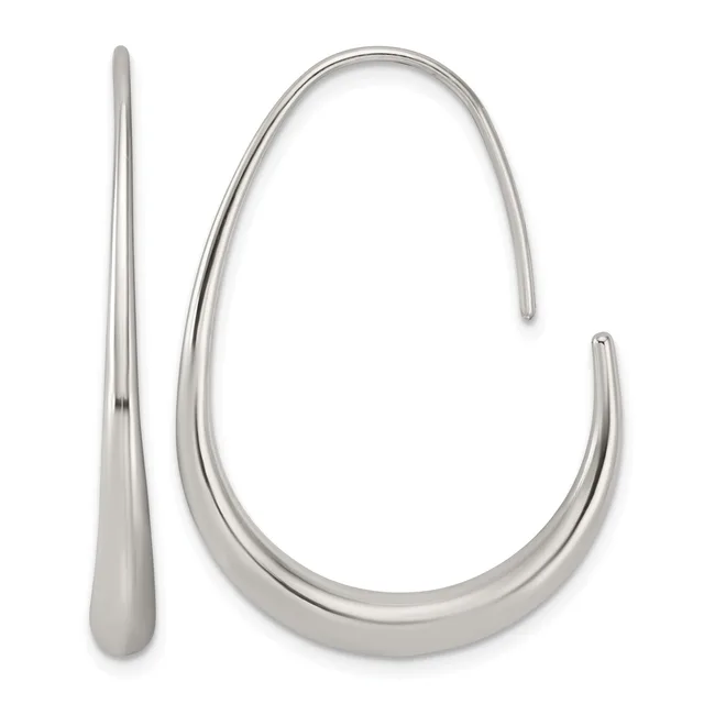 A pair of polished silver tapered hoop earrings displayed against a white background, shown from the front and side.