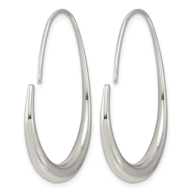 A pair of polished silver elongated oval hoop earrings with a smooth, curved surface and post closures.