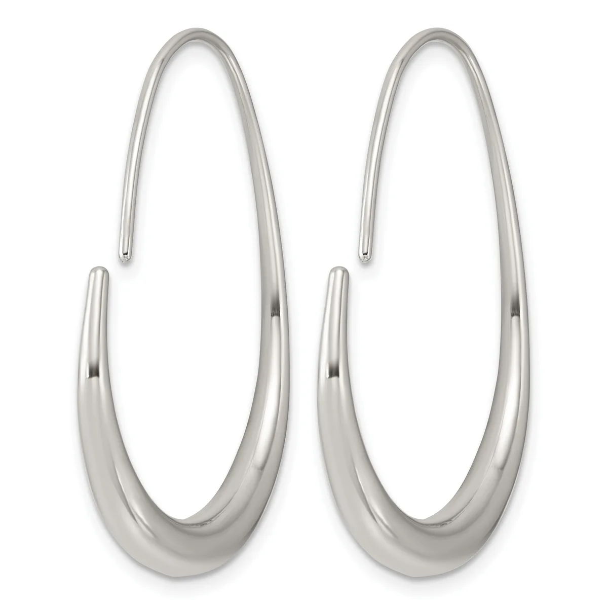 A pair of polished silver elongated oval hoop earrings with a smooth, curved surface and post closures.
