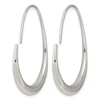 A pair of polished silver elongated oval hoop earrings with a smooth, curved surface and post closures.