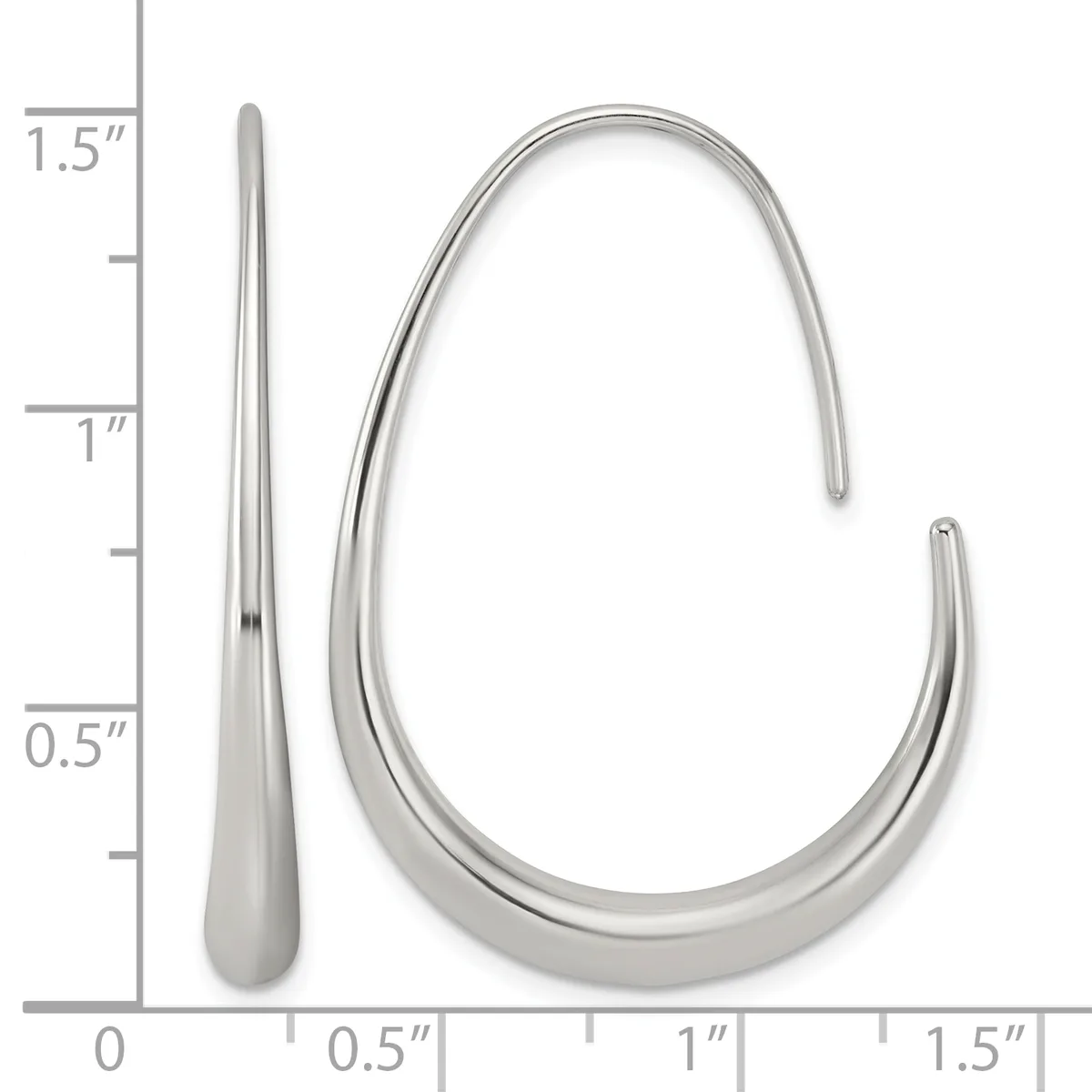 Two silver earrings displayed against a measurement grid: a long tapered drop earring and a curved tubular hoop earring with a small hallmark.
