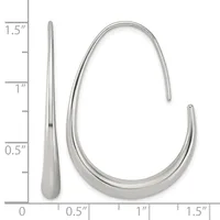 Two silver earrings displayed against a measurement grid: a long tapered drop earring and a curved tubular hoop earring with a small hallmark.