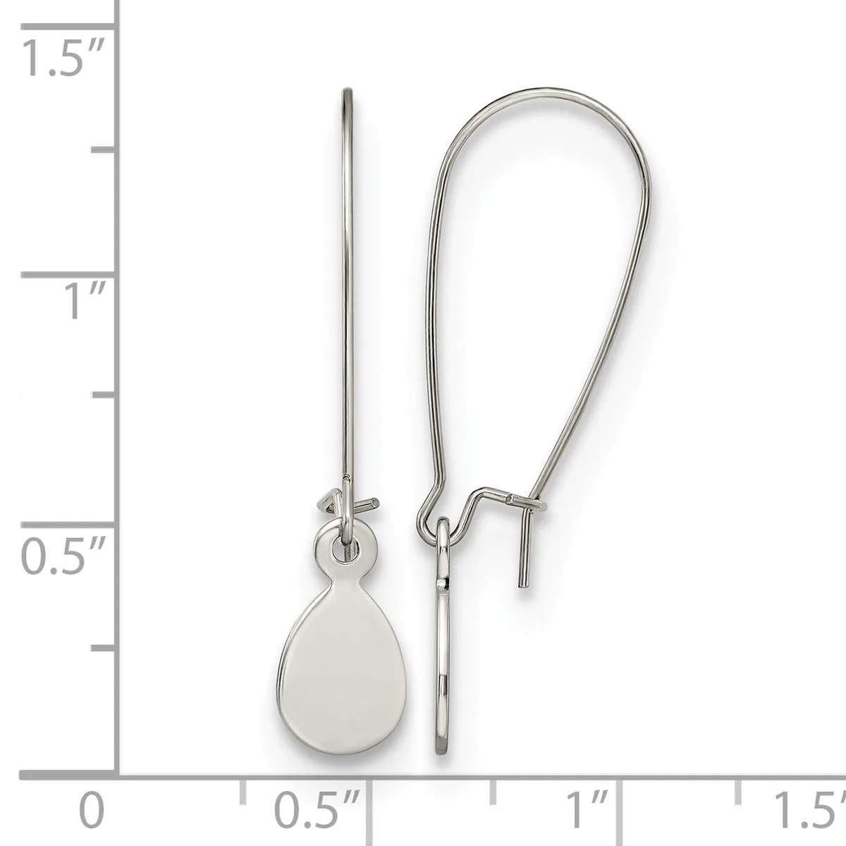 Pair of silver teardrop earrings with long curved ear wires, shown against a ruler measuring approximately 1.5 inches in length.