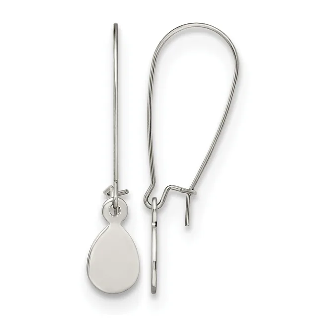 A pair of silver teardrop earrings with long curved ear wires, displayed against a white background.