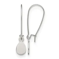 A pair of silver teardrop earrings with long curved ear wires, displayed against a white background.