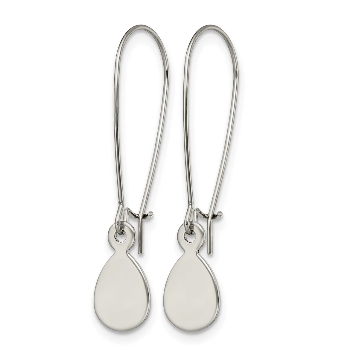A pair of sterling silver teardrop earrings with long curved ear wires, shown against a white background.