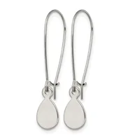 A pair of sterling silver teardrop earrings with long curved ear wires, shown against a white background.