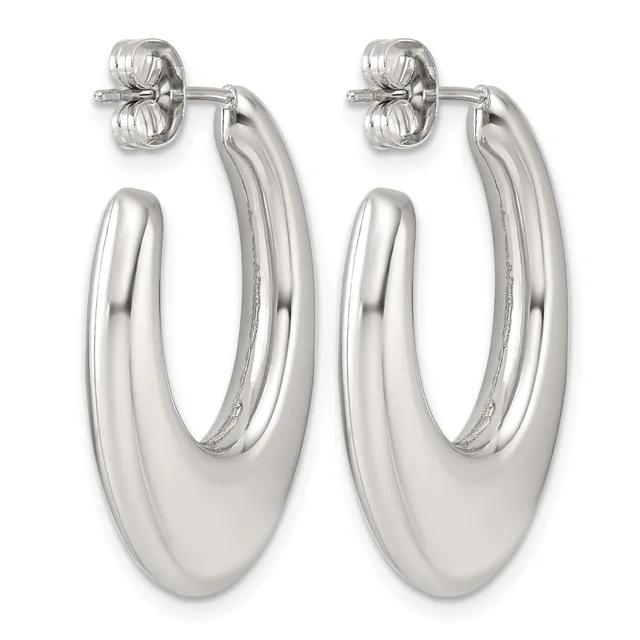 Pair of polished silver-toned oval hoop earrings with post and butterfly clutch backings, shown from the front.