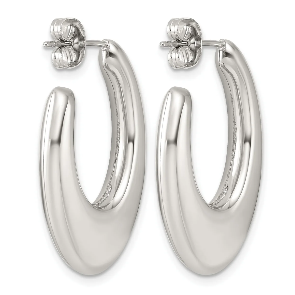 Pair of polished silver-toned oval hoop earrings with post and butterfly clutch backings, shown from the front.