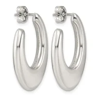 Pair of polished silver-toned oval hoop earrings with post and butterfly clutch backings, shown from the front.