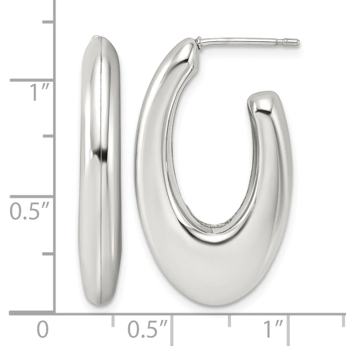 Polished silver-toned oval hoop earrings with post and back closures, shown next to a measurement ruler indicating approximately one inch in length.
