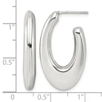 Polished silver-toned oval hoop earrings with post and back closures, shown next to a measurement ruler indicating approximately one inch in length.