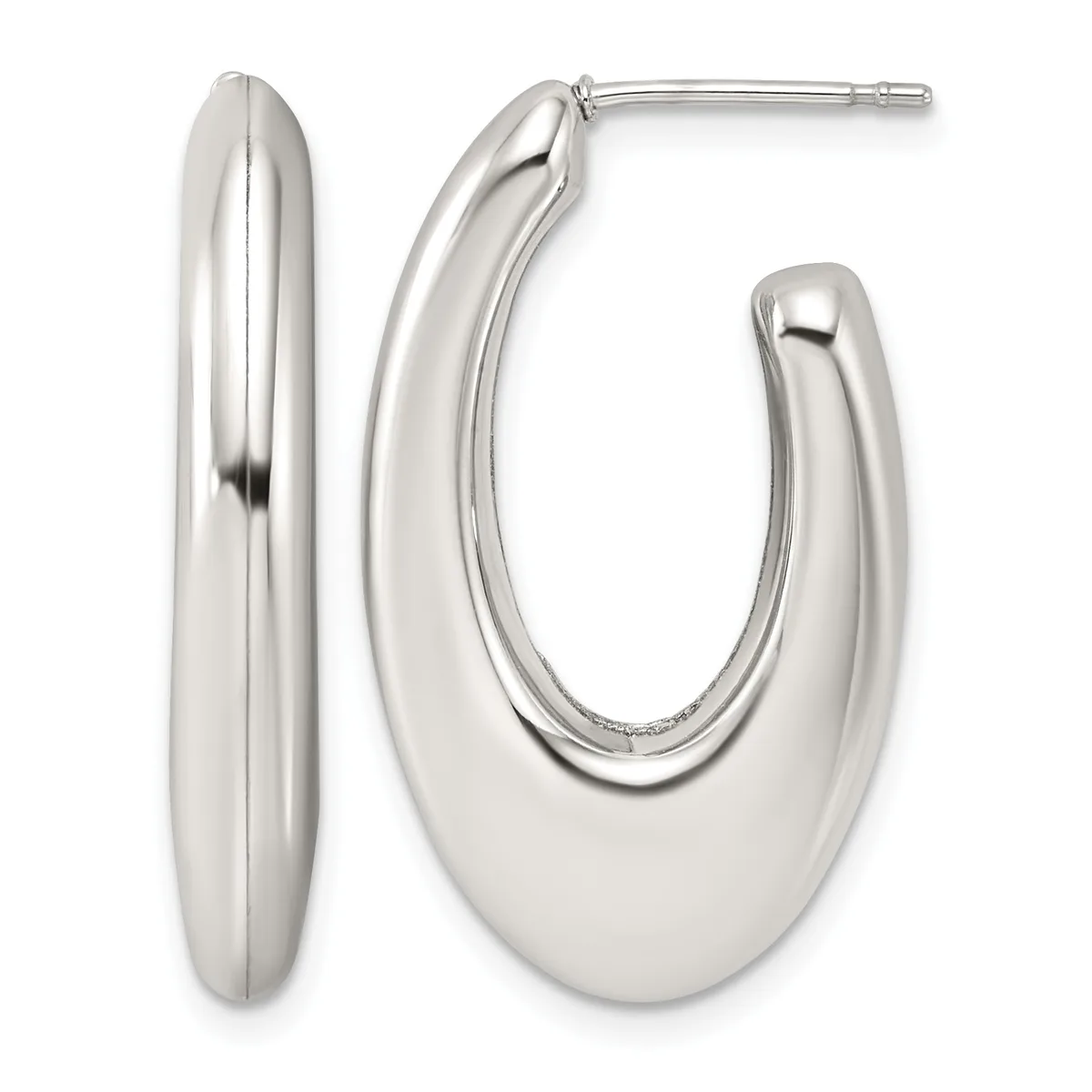 Pair of polished silver oval hoop earrings with post and clutch backs, shown from front and side angles.