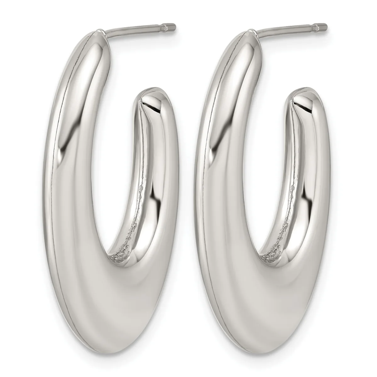 A pair of polished silver oval hoop earrings with a smooth, curved design and post backs, shown from the front.