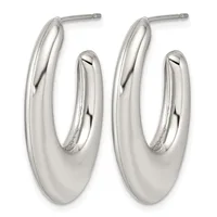 A pair of polished silver oval hoop earrings with a smooth, curved design and post backs, shown from the front.