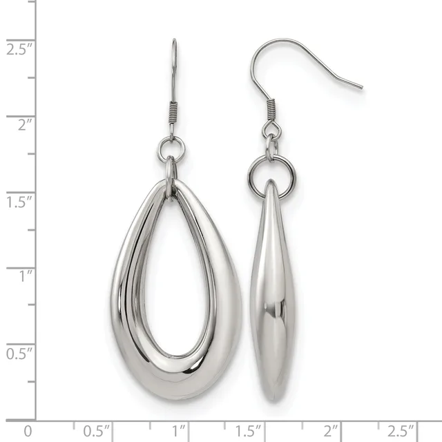 A pair of polished silver teardrop earrings with grooved texturing, displayed against a measurement scale showing they are approximately 1.5 inches long.