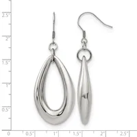 A pair of polished silver teardrop earrings with grooved texturing, displayed against a measurement scale showing they are approximately 1.5 inches long.