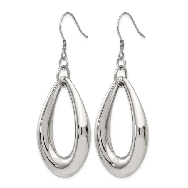 A pair of polished silver-tone teardrop-shaped dangle earrings with hook closures, shown against a white background.