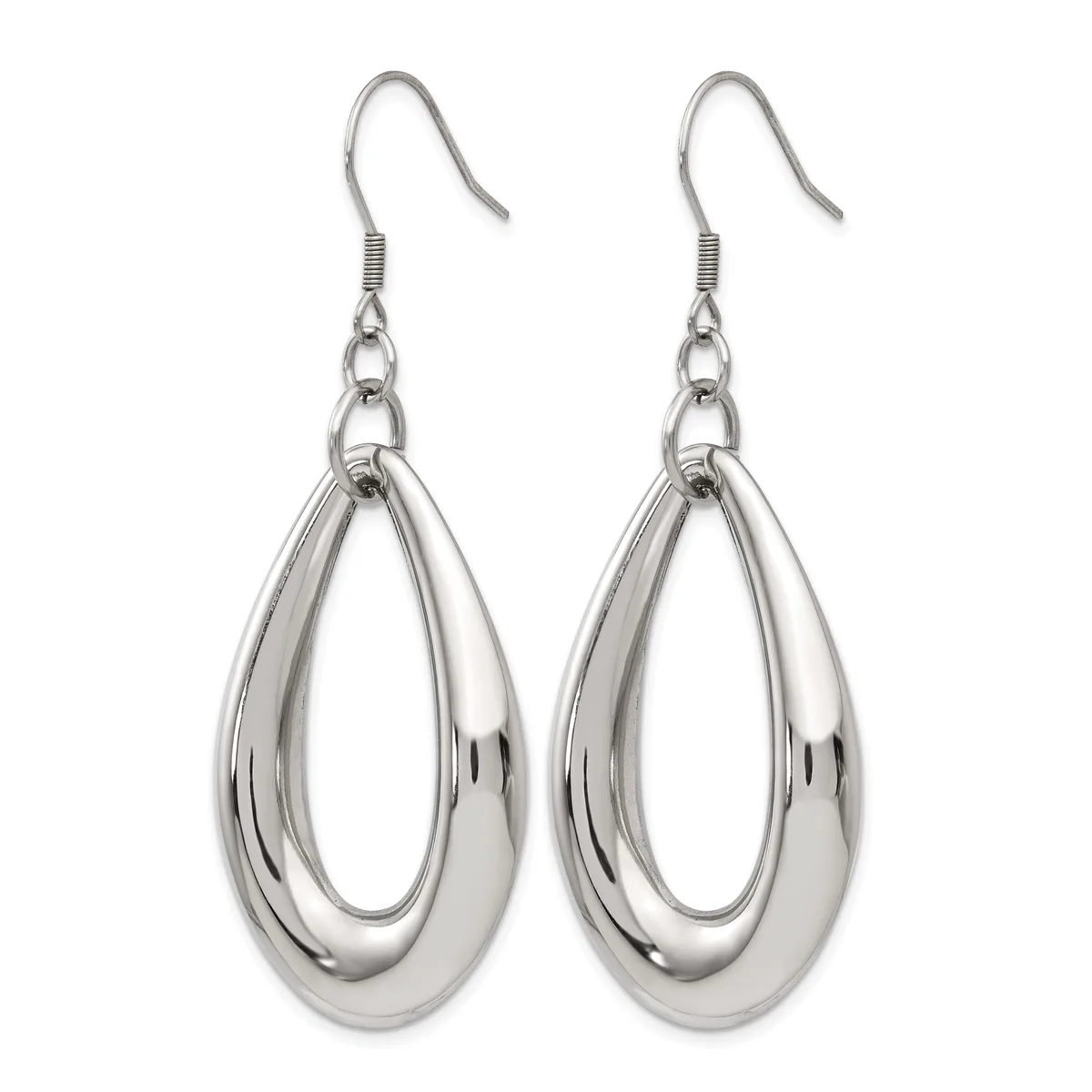 A pair of polished silver-tone teardrop-shaped dangle earrings with hook closures, shown against a white background.