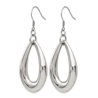 A pair of polished silver-tone teardrop-shaped dangle earrings with hook closures, shown against a white background.