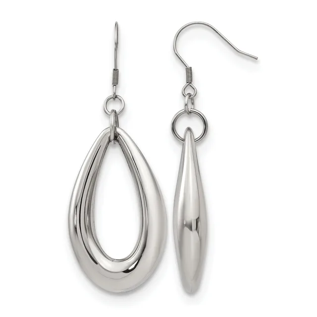 A pair of polished silver-toned teardrop earrings with textured wire detailing, suspended from curved ear wires.