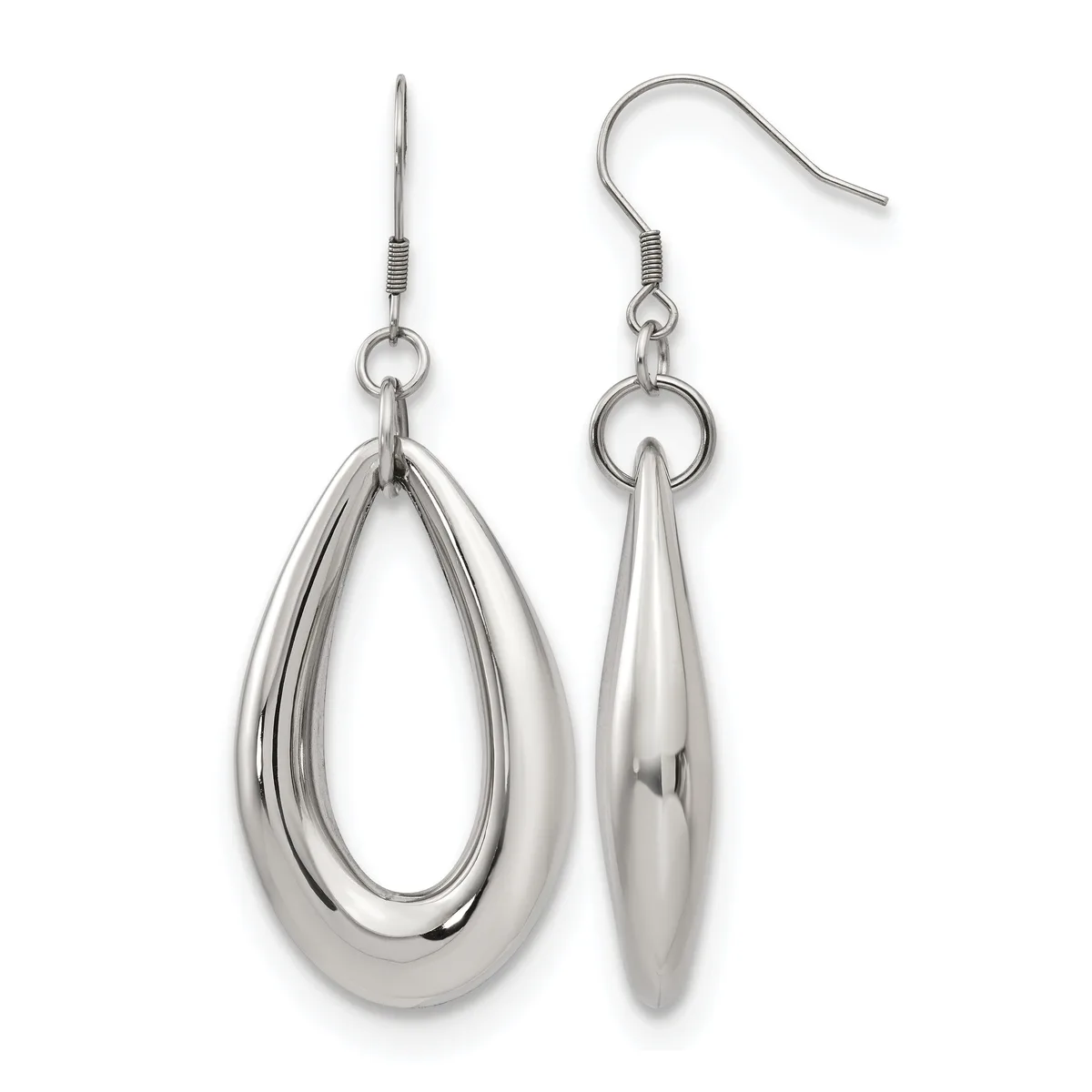 A pair of polished silver-toned teardrop earrings with textured wire detailing, suspended from curved ear wires.