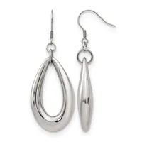 A pair of polished silver-toned teardrop earrings with textured wire detailing, suspended from curved ear wires.