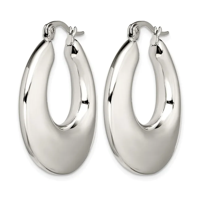 A pair of polished silver-toned oval hoop earrings with a smooth, curved surface and post-and-clutch closures, displayed side by side.