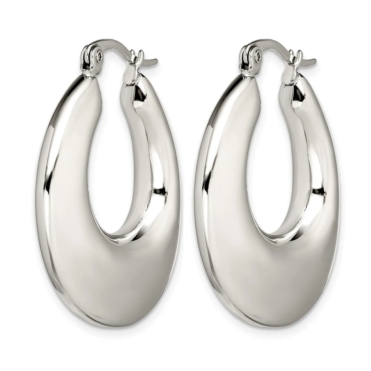 A pair of polished silver-toned oval hoop earrings with a smooth, curved surface and post-and-clutch closures, displayed side by side.