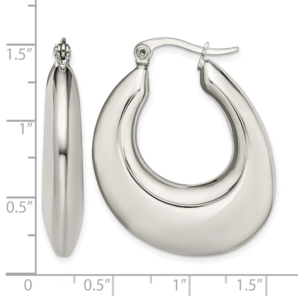 Two silver-toned hoop earrings shown with a measurement scale, featuring polished curved cylindrical forms with post and clutch closures.